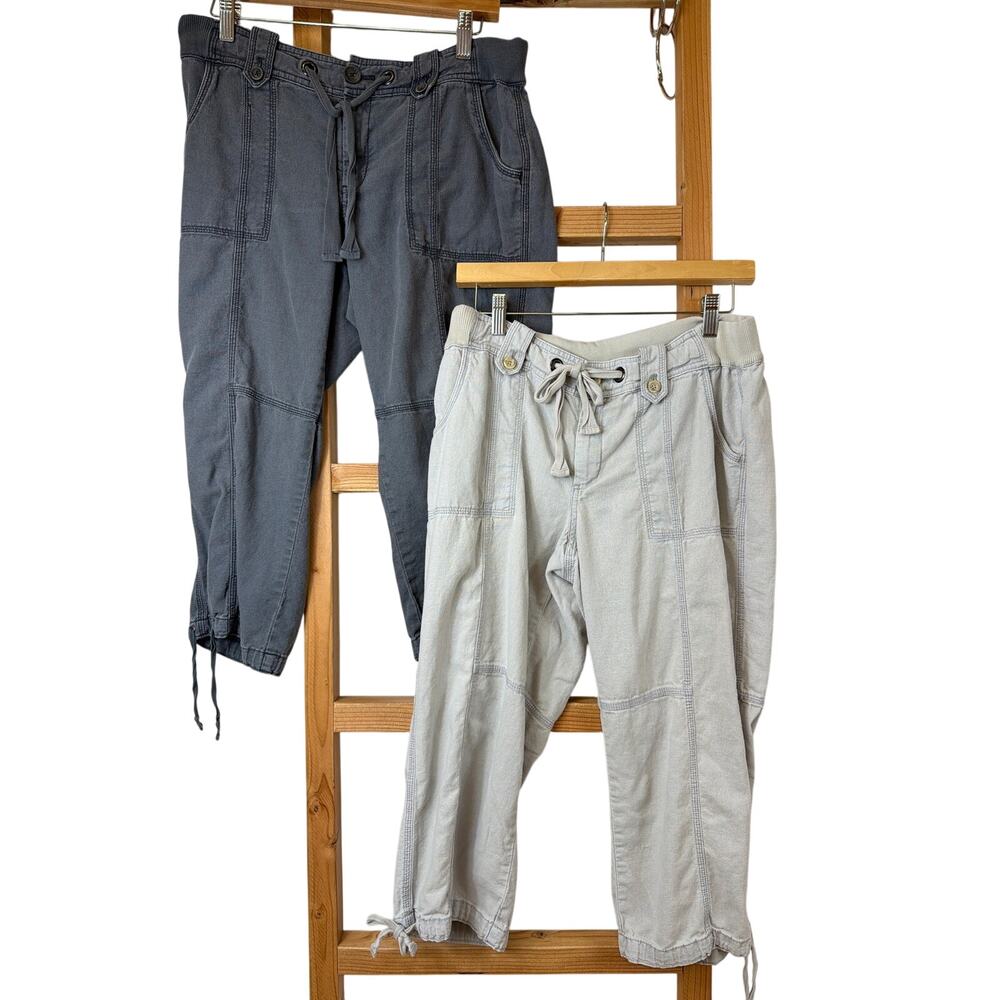 Lot of 2 Eddie Bauer Grey and Beige Linen Tie Waist Capri Pants Sz 8